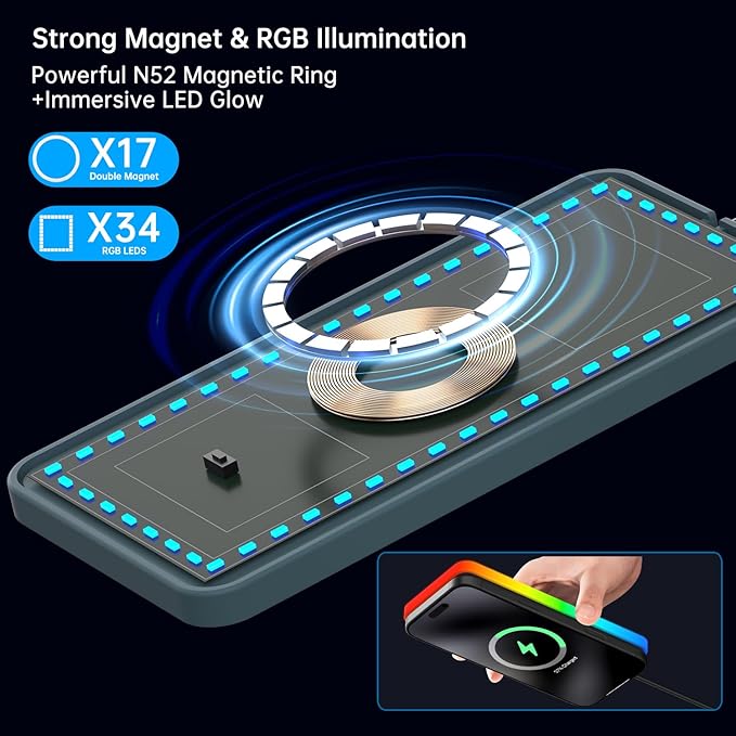 RGB Wireless Car Charging Pad for Magsafe, REESTECQI 15W LED Magnetic Wireless Charger for Car Non Slip Type C Charging Mat with 40W Car Charger Compatible with iPhone 17-12, Airpods (1 Meter Cable)