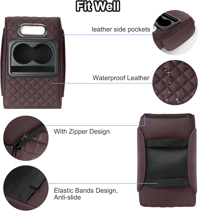 Car Armrest Cushion,5-in-1 Center Console Cover with 2 Storage Bags Cup Holder, Tissue Box Slot, Phone Slot for Sedans, Car Accessories Interior Organizers -Brown