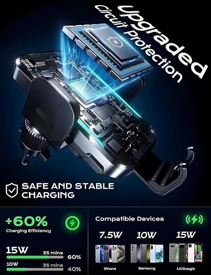 CHGeek Wireless Car Charger, 2026 Upgrade 15W Fast Charging Auto Clamping Car Phone Holder Charger, Phone Holders for car Mount, fit for iPhone 17 16 15 14 13 Mini Pro Max XR,Samsung Galaxy S26 Ultra