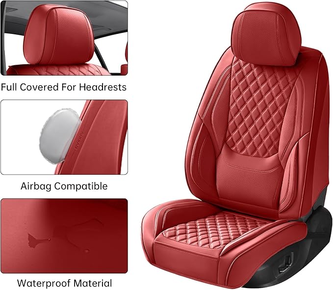Car Seat Covers Full Set Red, Luxury Faux Leather Waterproof Non-Slip Women Seat Protector Universal Fit for Most Cars SUVs Trucks Pick-ups,Car Interior Accessories (Red-Full Set)