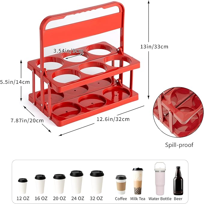 Reusable 6 Cup Drink Carrier with Handle and Insulated Food Delivery Bag, Portable Plastic Cup Caddy, 26L Grocery Cooler Box for Car Delivery, Travel, Picnic