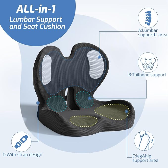 Seat Cushion,Memory Foam Chair Cushion for Office and Car,Ergonomic Coccyx Seat Cushion for Tailbone,Sciatic Nerve,Back Pressure Relief,Lumbar Support Pilow for Office,Car,Truck,Desk Chair