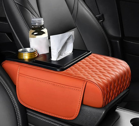 Car Armrest Center Console Cover for Toyota Prius (XW20) 2.Gen 2003 2004 2005 2006 2007 2008 2009 2010, Center Console Pad with Cup Holder, Multifunctional Armrest Cushion,F Orange