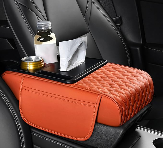 Car Armrest Center Console Cover for Hyundai Santa Fe 2000–2025, Center Console Pad with Cup Holder, Multifunctional Armrest Cushion,F Orange
