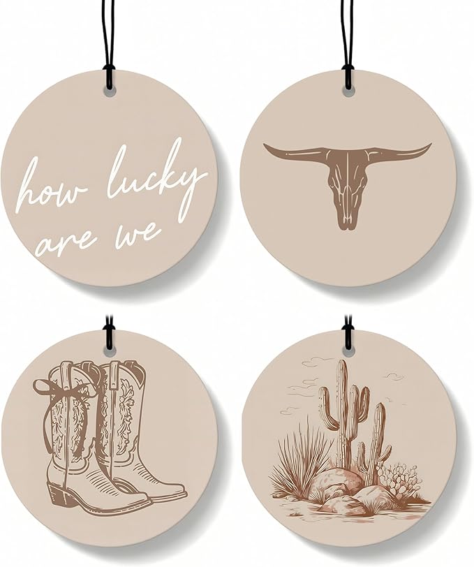 Boho Beige Western Round Car Air Freshener 4 Pcs, Preppy Cow Skull Cactus Cowgirls Boots Hanging Air Freshener for Cars Closet Drawer Books, Western Car Accessories Mirror Decor for Women