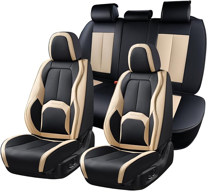 Coverado Car Seat Covers, Leather Seat Covers Full Set, Waterproof Car Seat Protector with Lumbar Support, Automotive Seat Covers Seat Cushions Universal Fit for Most Cars SUV Trucks, (Black&Beige)