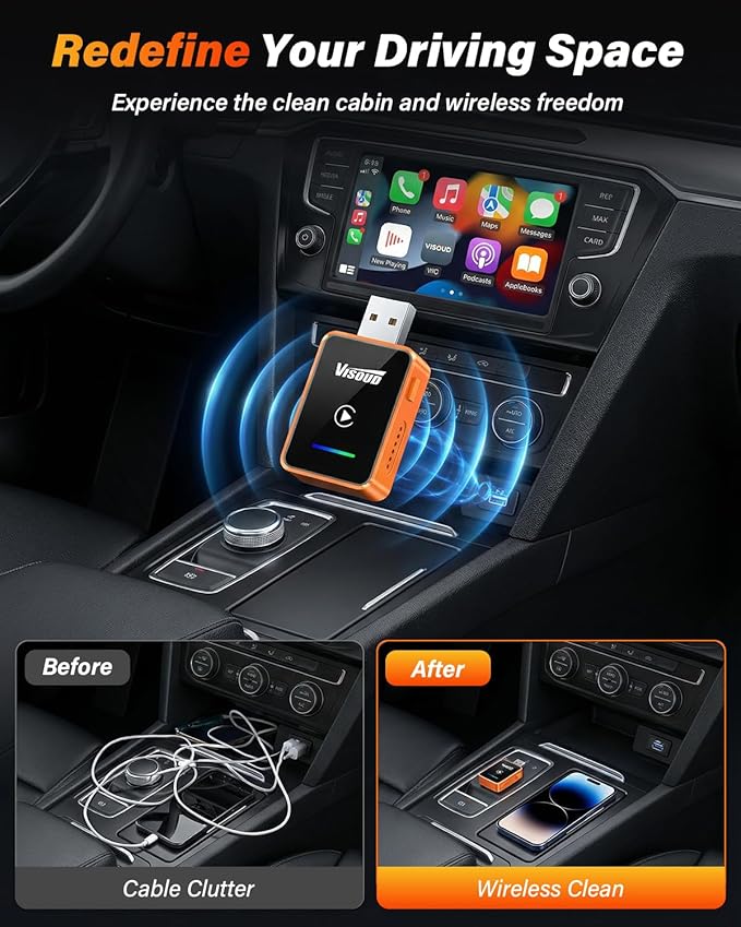 2026 Wireless CarPlay & Android Auto Adapter, One-Click Switch, 3s Auto Reconnect, A9 Chip, Bluetooth 6.0, 5.8GHz WiFi, Plug & Play, with USB-C & Right-Angle Cables