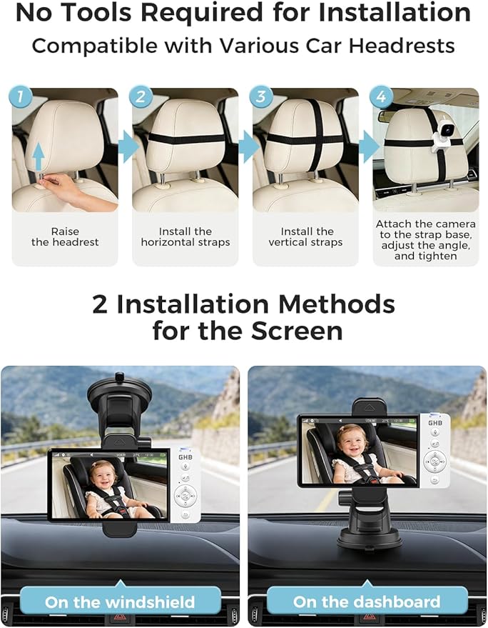 GHB Wireless Baby Car Camera 5" HD, 3500mAh Baby Monitor 2000mAh Camera Non WiFi, Temperature Alert, 720P Night Vision VOX Mode, 360° Rotatable Rear Facing Monitor Baby Essentials Gifts for Home Pets
