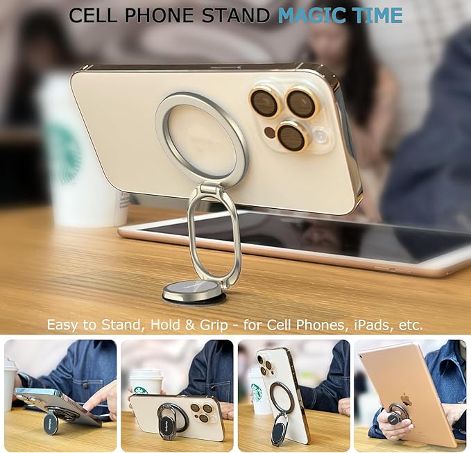 Doflyesky Magnetic Phone Grip for MagSafe Ring Holder, Metal Double Adjustable Gym Finger Ring Grip Kickstand, Removable Phone Grip for iPhone, iPad and Smartphones (Natural Titanium)