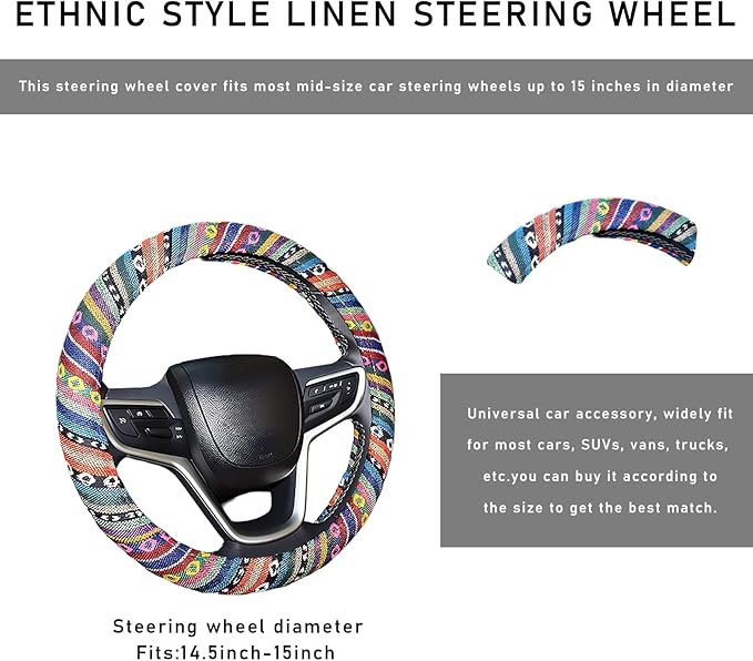 Boho Steering Wheel Cover, 15.0"×15.0" Anti-Slip Baja Blanket Ethnic Steering Wheel Protector, Breathable Flax Cloth Elastic Bohemian Steering Wheel Cover, Car Accessories (Style A)