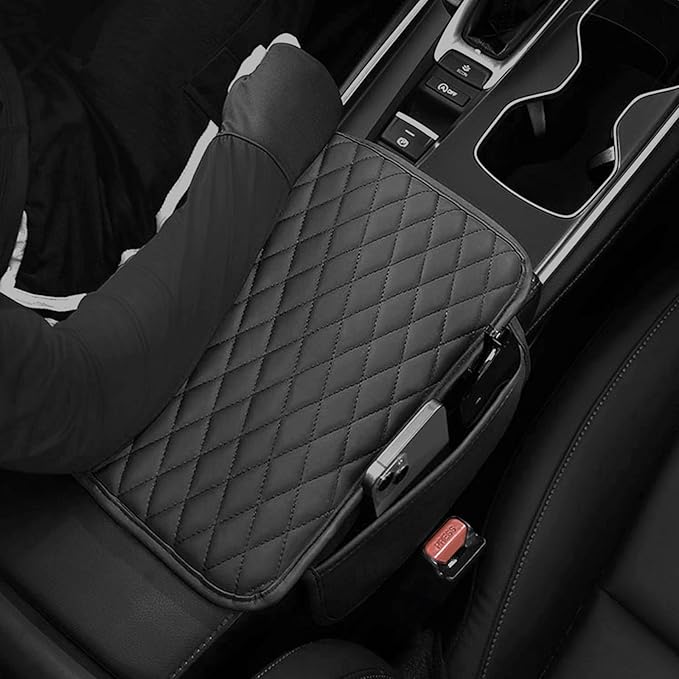 Car Center Console Cover,Leather Armrest Cover Cushion with 2 Storage Bags Universal Car Armrest Seat Box Pad Car Interior Accessories Protector for Most Vehicle(Black)