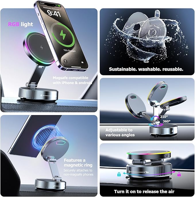 MagSafe Car Mount Charger 15W, Magnetic Wireless Car Charger with Vacuum Suction Cup, Strong Magnet Phone Holder for Dashboard, Compatible with iPhone 12-17 Pro Max & Android