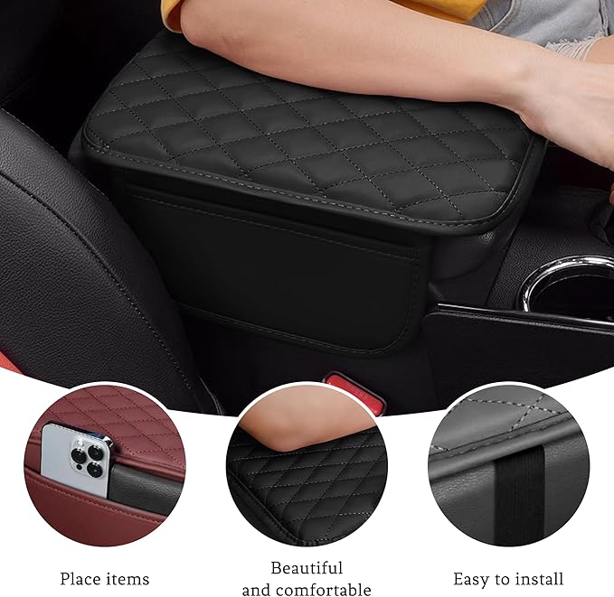 Car Center Console Cover, Universal Center Console Protector Pad with Soft Microfiber Leather & 2 Storage Pockets, Non-Slip Cushion for Car SUV Truck Interior Accessories (Black)