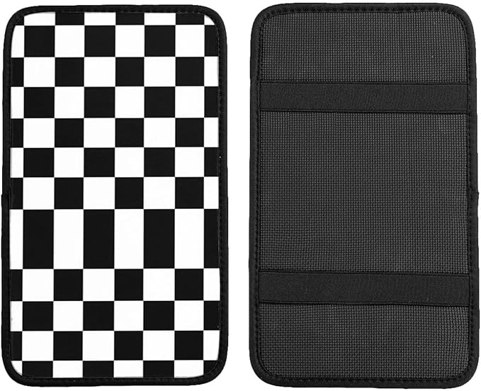 Car Armrest Cover Auto Center Console Pad Arm Rest Cushion Soft Car Accessories Universal for Most Vehicle (Checkerboard-Black & White Pattern Design)