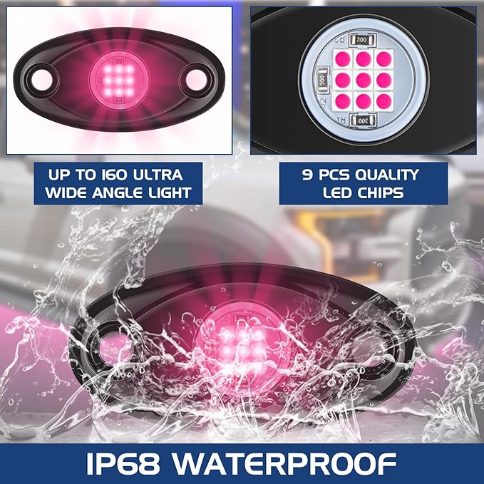 Macarrie 12 Pods Rock LED Lights for Car SUV Underglow Lights Waterproof Neon Trail Rig Lamp Lighting for Truck Motorcycle Boat ATV UTV and More(Pink)
