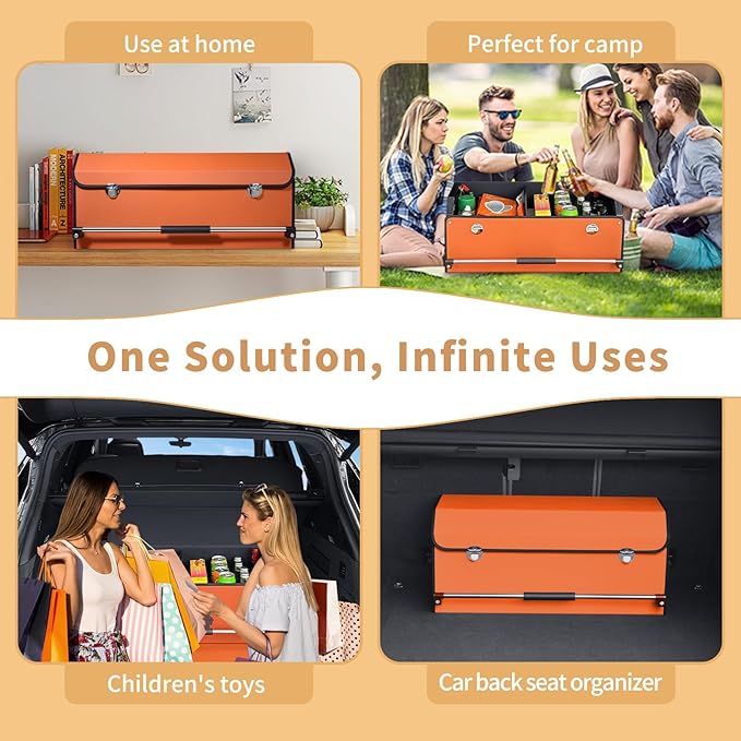 XCF Car Trunk Organizer for SUV, Collapsible Leather Car Storage Trunk Organizer with Lid and Sturdy Handle Car Trunk Leather Storage Box (Orange, 27.1 x 11.4 x 12.2in)