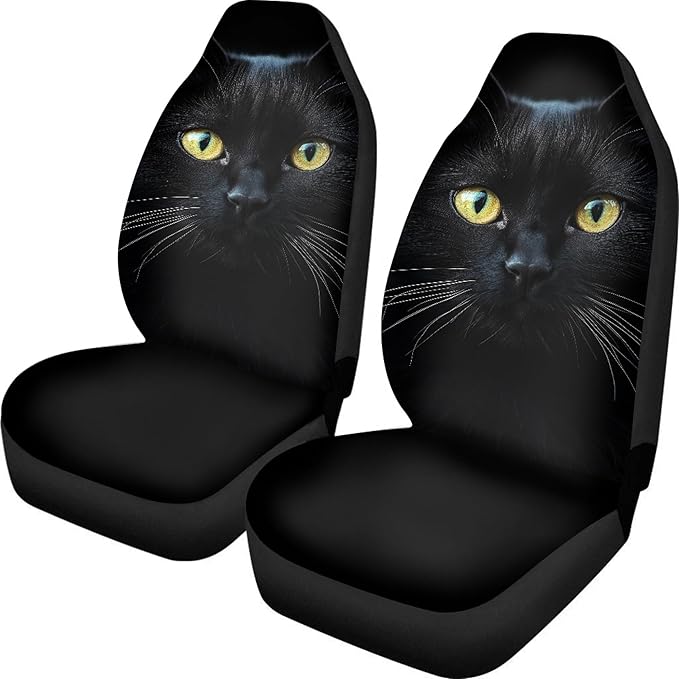 BIGCARJOB Durable Washable Black Cat Car Seat Covers 2pc Front Seat Only Ultra-Soft Universal Auto Drive Seat Protector Cover