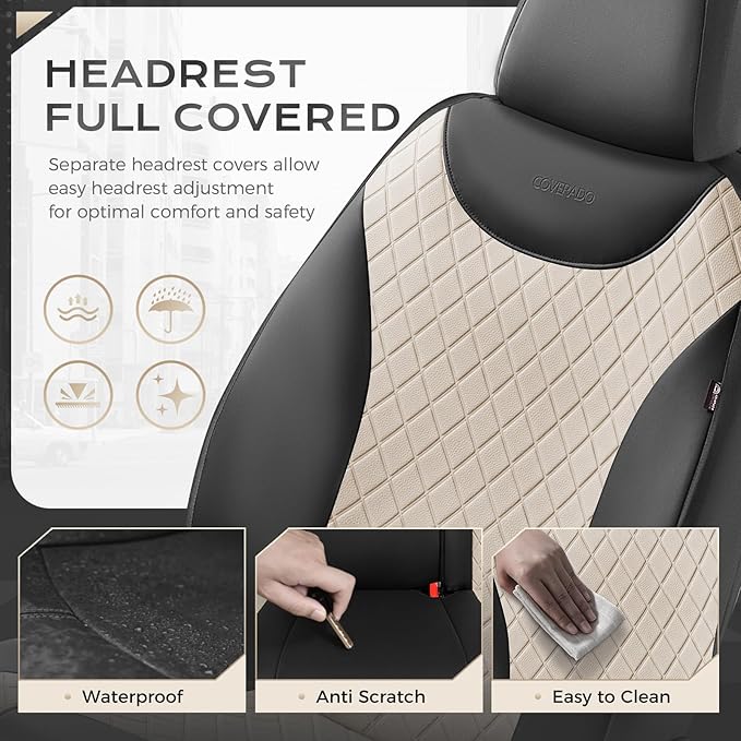 Coverado Front and Back Seat Covers, 5-Pack Universal Seat Covers for Cars, Leather & Fabric Splicing Design Car Seat Protectors, Waterproof Auto Seat Cushions Universal for Vehicles, Black & Beige