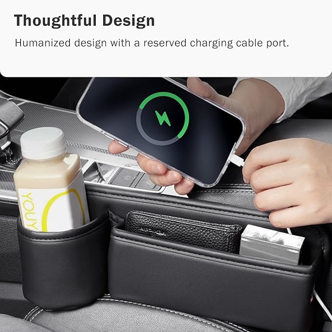 Car Seat Gap Filler Organizer with Cup Holder, Premium PU Leather Interior Accessories for Phone,Sunglasses,Keys, and Small Items, Universal Fit for Car, SUV and Truck,2-Packs Black