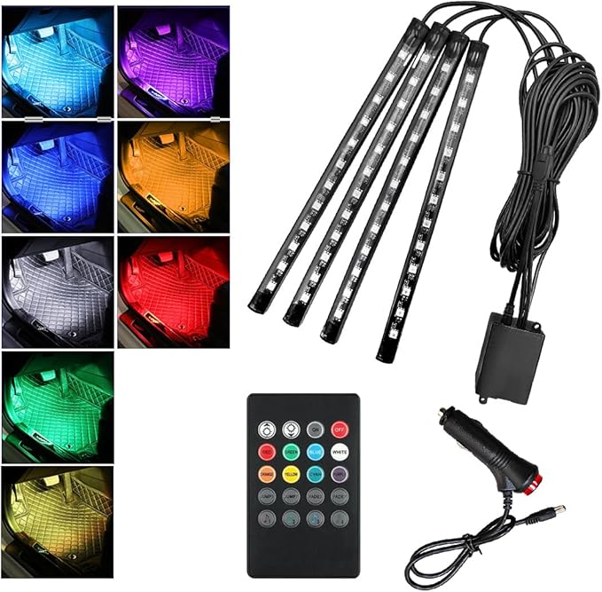 povtii Car Led Interior Lights, RBG 48 LED Multicolor Music Auto Interior Strip Light with Remote Control, Waterproof Lighting Lamp Kit Under Dash with Charger, Car Accessories (Cigarette Lighter)