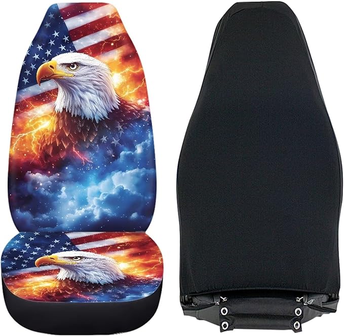 ELEQIN 2 Packs Car Front Seat Cover Car Seat Protector, Nonslip Seat Cover for Cars, Trucks & SUVs Car Interior Decor, Lighting Eagle US Flag Print
