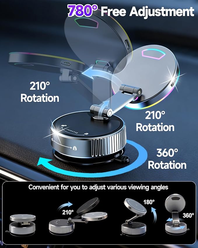 for Magsafe Car Mount Charger, 15W Fast Charging Wireless Car Charger [120LBS Suction &3800gf Magnet] 780° Adjustable, Vacuum Magnetic Phone Holder for Your Car for iPhone & Android, Metal Stand Rotor