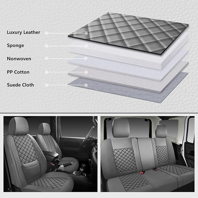 Wrangler Seat Covers 2007-2026 Full Set, Waterproof Leather Interior Sets with Lumbar Support Custom Fit for Jeep Wrangler JK JL 4 Door Unlimited Sahara/Sport/Rubicon X 392 Willys, Gray