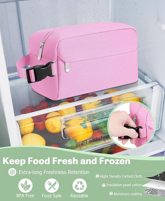 Small Insulated Snack Bag Lunch Bag for Kids Lunch Box for Women/Men, Collapsible [3L/5-Can] Reusable Lunch Bag Cooler Bag for Bottle with Handle Buckle for Work/School/Travel,Pink