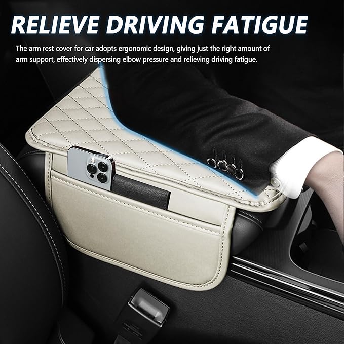 Upgraded Car Center Console Cover,Microfiber Leather Car Armrest Cover Cushion with 2 Storage Bags,Universal Cars Armrest Storage Box Cars Interior Accessories for Most Vehicles (Light Beige)