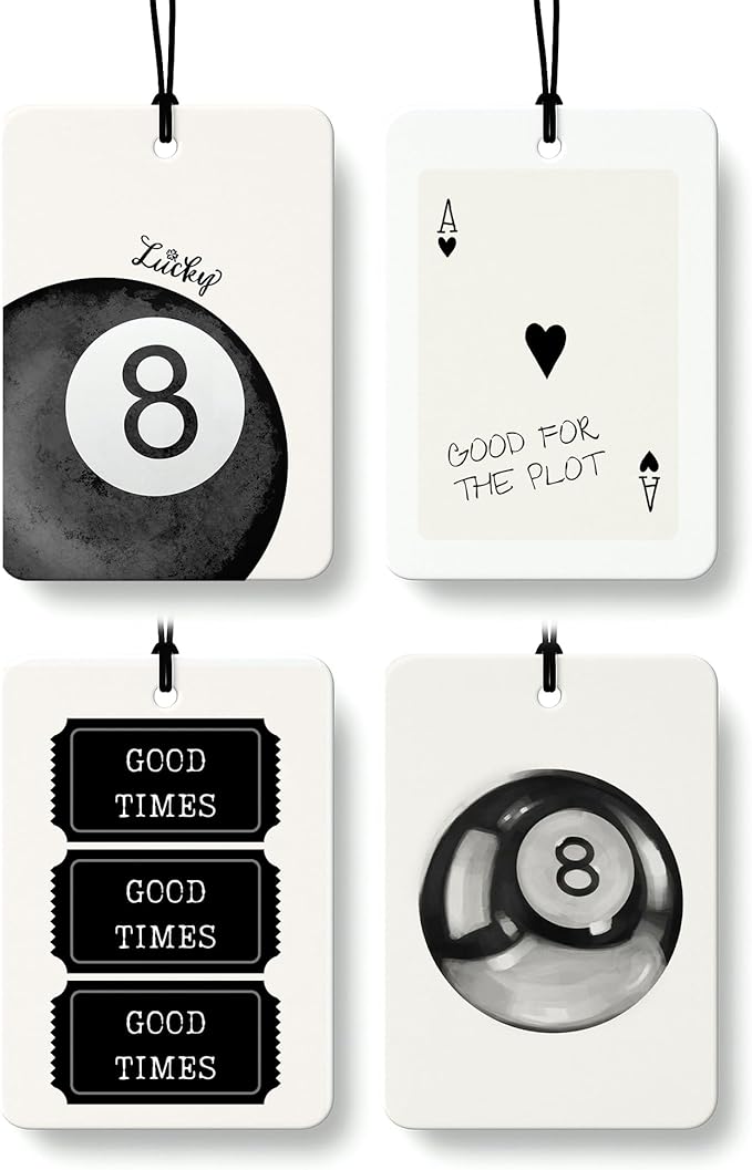 Retro Black Girly Cologne Car Air Freshener 4 Pcs, Trendy Cute Lucky 8 Ball Poker Ticket Hanging Air Freshener for Cars Bathroom Dorm Books Decor, Vintage Accessories Gifts for Women Girls