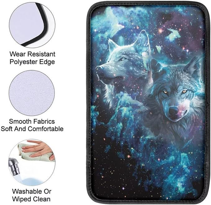 Blue Galaxy Wolf Print Center Console Cover for Men,Fashion Armrest Cover Pad for Cars SUV Sedan