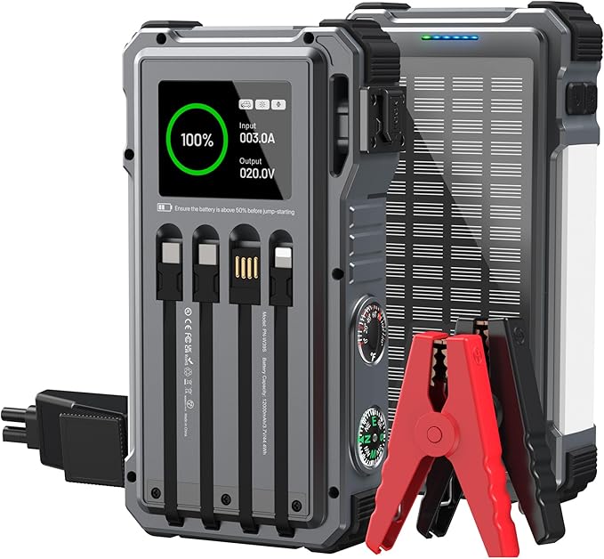 Solar Jump Starter 44400 mWH, 45W Fast Charging with 4 Built-in Cables & Car Battery Jumper Starter Portable, 12V Battery Booster Pack with Smart Display,Gift for Men, Gray