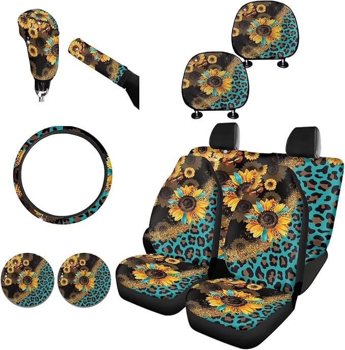 FKELYI Full Set Car Interior Accessories - Sunflower Leopard Seat & Headrest Covers, Steering Wheel, Gear Shifter & Handbrake Covers, Cup Coasters