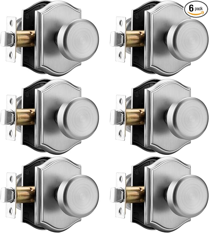 6 Pack Pismo Doorknobs with Lock for Hall, Brushed Nickel Interior Door Knobs with Camelot Trim, Heavy Duty Door Handle