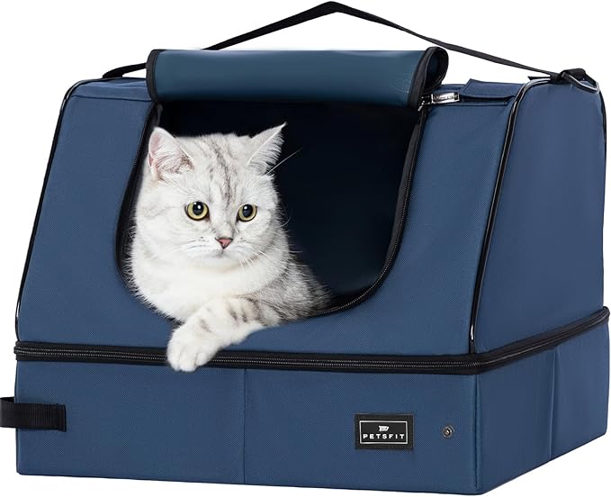 PETSFIT Portable Travel Cat Litter Box with Lid – Collapsible, Leak-Proof & Washable 2-Layer Lining, Sturdy Support Frame, for Hotel/Car/Camping, Cat Travel Essentials for Kitty/Medium Cats Light Blue