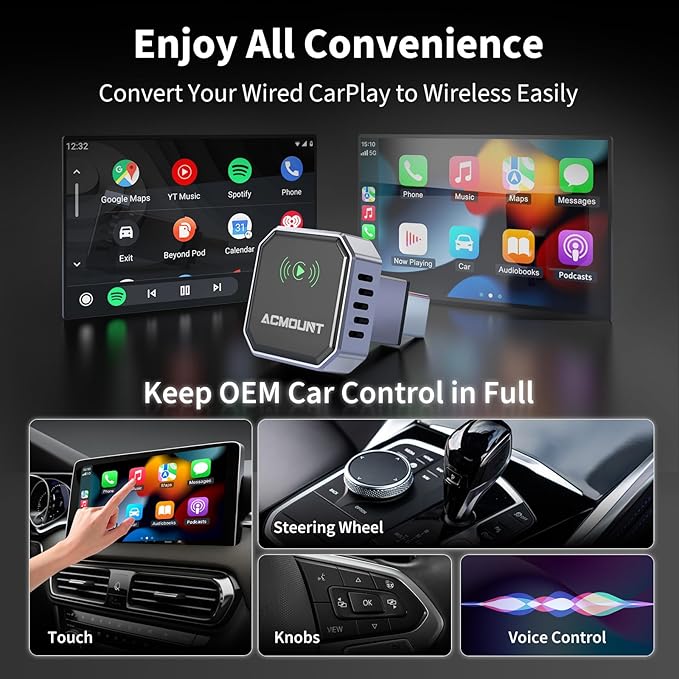 Acmount 2 in 1 Wireless Carplay Adapter & Android Auto 2026 Upgrade Wired CarPlay to Wireless, Fast Auto-Connect, Mini USB Design, Plug & Play Wireless Dongle for iPhone 6+ / Android 11+ (Lead-Gray)