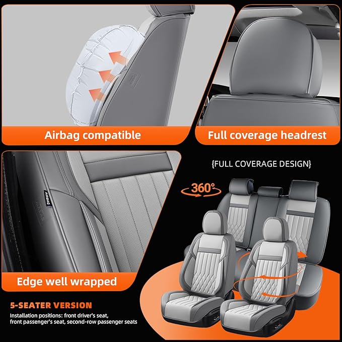 KEYOOG Universal 5-Seater Waterproof Breathable Nappa Leather Car Seat Covers Full Set, Compatible with Toyota Corolla Camry, Lexus LS400, Nissan Rogue, Fit Front Rear Seats Most Sedans SUV- Gray