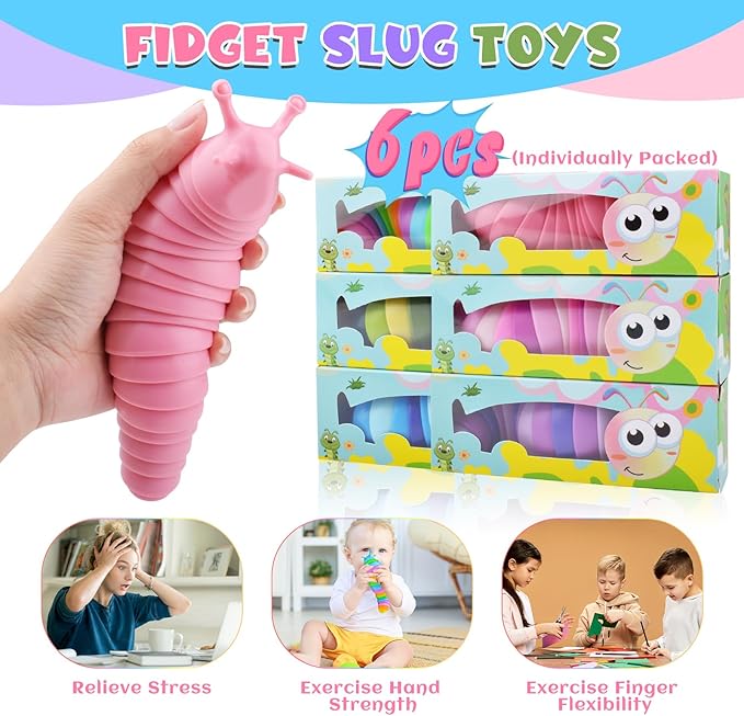 Cevioce 6 Sensory Slug Fidget Toys, Adults & Kids Party Favors, Autism Sensory Toys for 3+ Year Olds - Blue