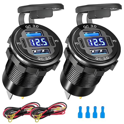 12 Volt USB Charger, 12v USB 4-Port Aluminum Alloy USB C Outlet with LED Voltmeter,Dual PD3.0 & QC3.0 for 12/24V Car Golf Cart Boat Marine Bus Truck RV Marine Motorcycle etc (Pack of Two)