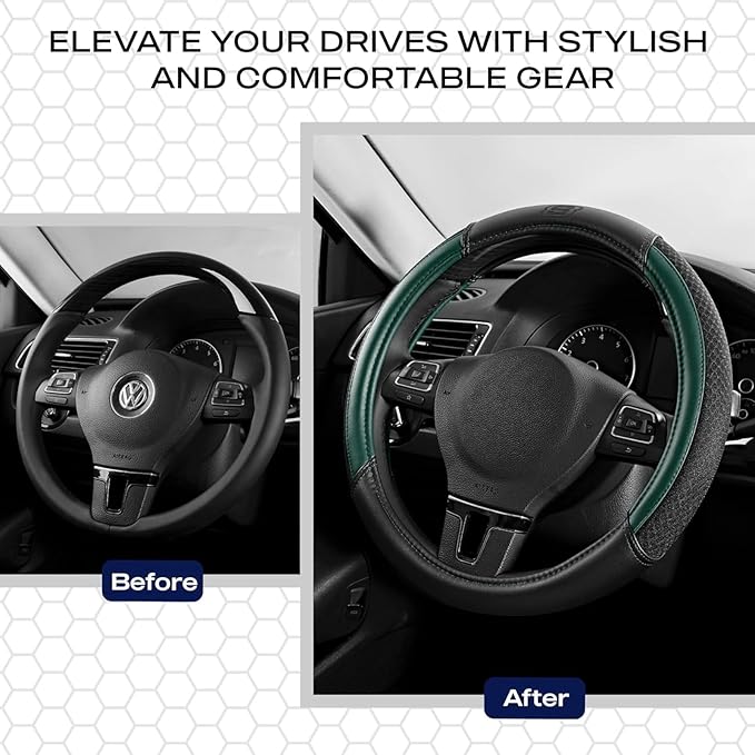 Skechers Air-Cooled Steering Wheel Cover,Leather Car Steering Wheel Cover Universal Fit 14" 1/2-15" Car Wheel Protector for Men Women Fit Suvs,Vans,Sedans,Car,Trucks,Green