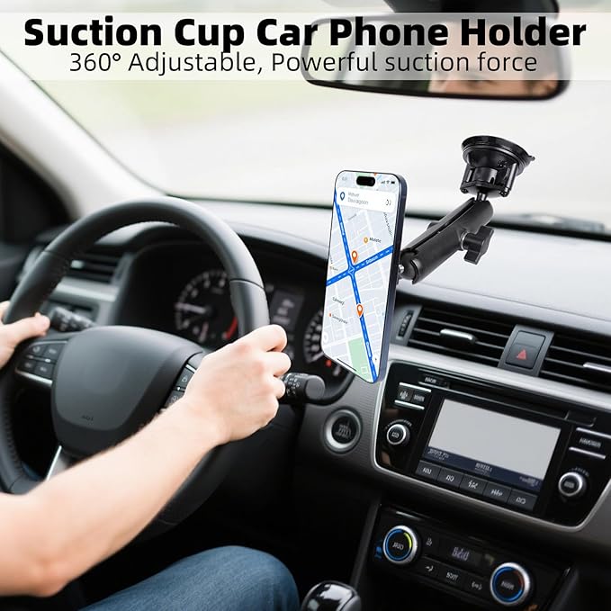Magnetic Car Phone Holder for Magsafe, Ultra-Stable 360° Rotation Suction Cup Metal Phone Mount for Your Car Windshield Dashboard, Compatible with iPhone 16 Pro Max 15 14 13 12 Series