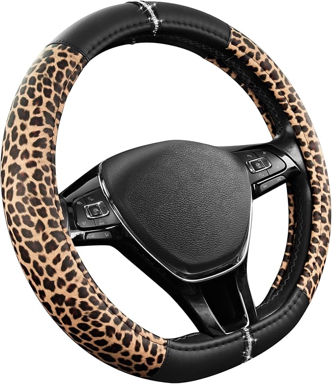 Road Comforts Leopard Steering Wheel Cover - Made with PVC Leather Cheetah Print, D-Shaped Automotive Steering Wheels - Anti-Slip, Universal Fit 14 1/2 inches to 15 inches - Black