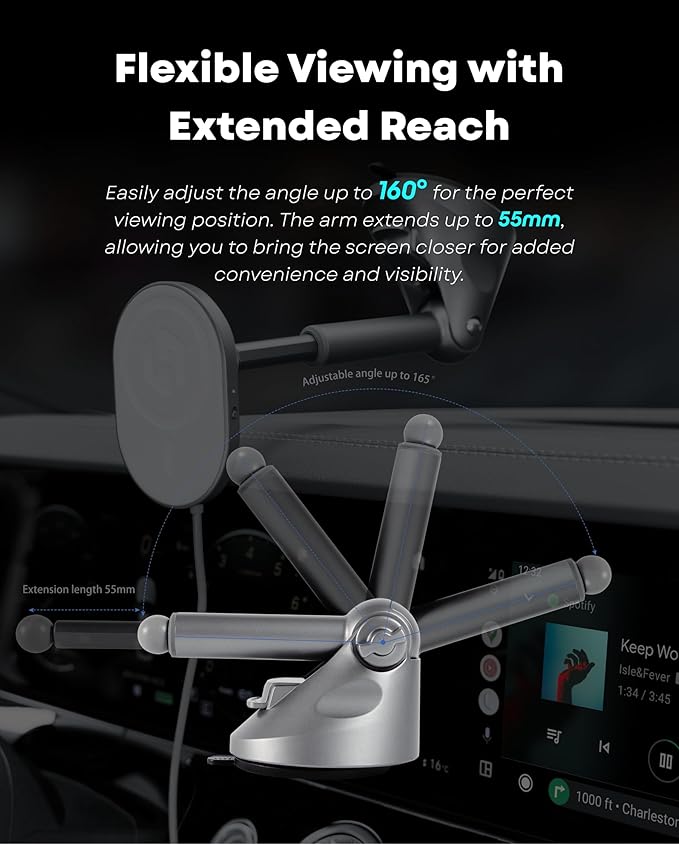 HexaCharge 4-in-1 Wireless Car Adapter – Works with Apple CarPlay and Android Auto, Magnetic Phone Mount with Wireless Charging, Converts Wired to Wireless for iPhone & Android