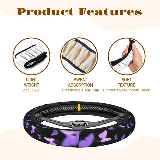 Steering Wheel Cover Accessories Neoprene Cover, Breathable Non-Slip Easy to Install Suitable for Women Men, 14.5-15.5 Inch for Car SUV Van Truck Universal - Butterfly