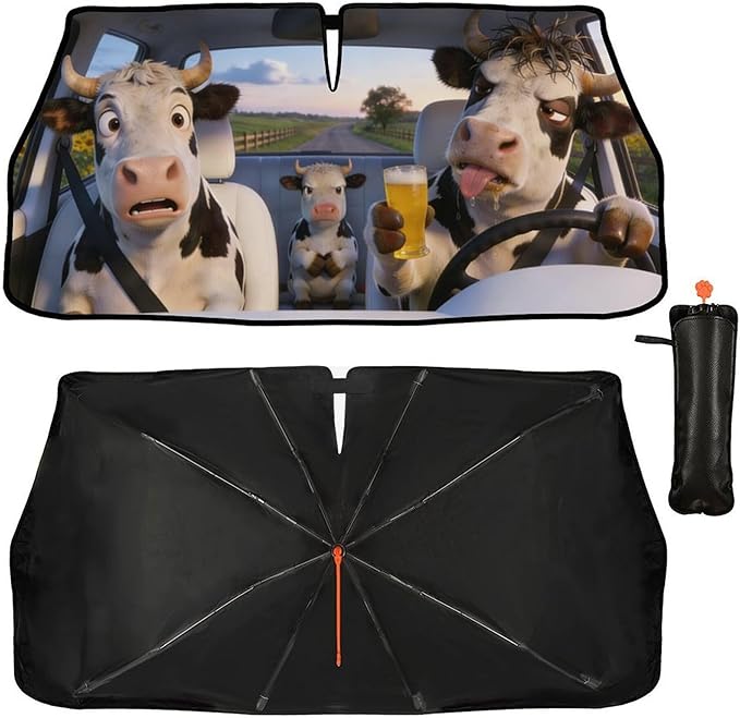CHILL·TEK Funny Car Windshield Sun Shade Umbrella, Funny Cow Car Sun Shade Umbrella, Block UV Rays Heat Foldable Windshield Umbrella Sun Visor Protector - Keep Vehicle Cool for Cars SUV