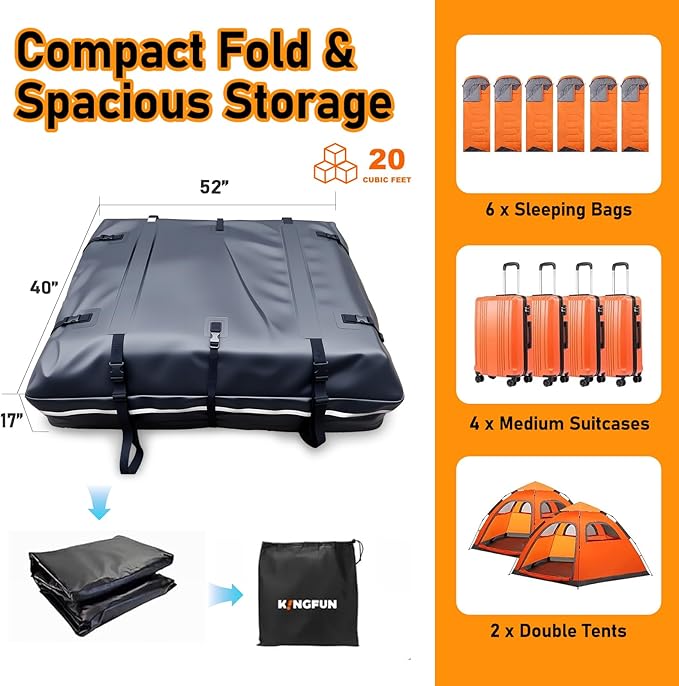 Car Roof Bag, 20 Cubic Feet Rooftop Cargo Carrier, 600D Waterproof Car Top Luggage Storage Bag for All Vehicles SUV with/Without Rack, Include Anti-Slip Mat, 8 Reinforced Straps, 6 Door Hooks