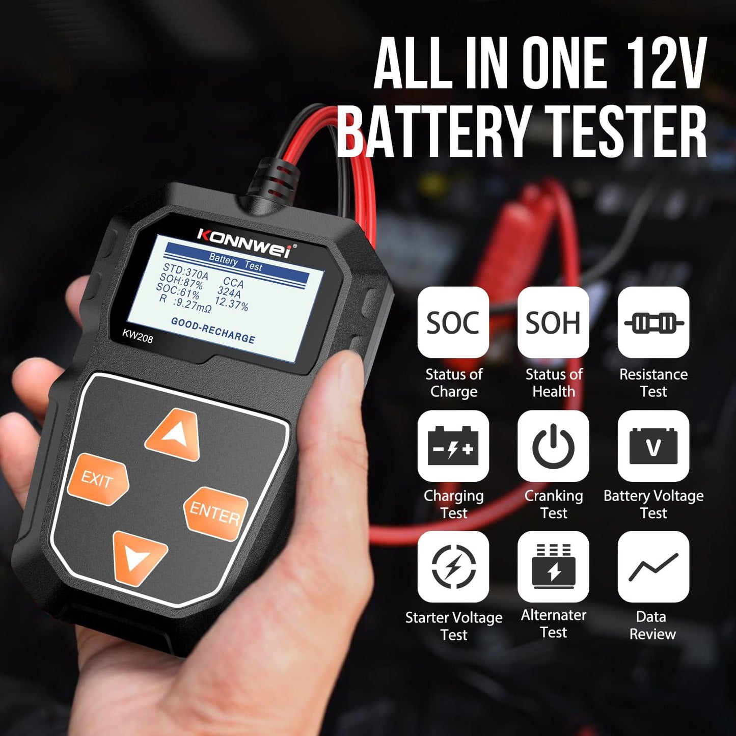 KONNWEI KW208 12V Car Battery Tester, 100-2000 CCA Load Tester Automotive Alternator Tester Digital Auto Battery Analyzer Charging Cranking System Tester for Truck Marine Motorcycle SUV Boat