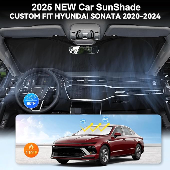 Custom Fit Sonata Windshield Sunshade for 2020-2024 2025 Hyundai Sonata Front Window Retractable Shades Cover for Windshield Sun Visor Protector 210T Reflector Blocks UV Rays Cooler Car Accessories