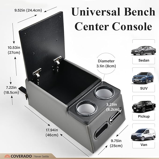 Coverado Car Center Console, Universal Bench Seat Center Consoles, Center Console for Van, Back Seat Storage Box, Rear Seat Car Console Organizer with Cup Holder, Central Armrest Box (Regular, Gray)