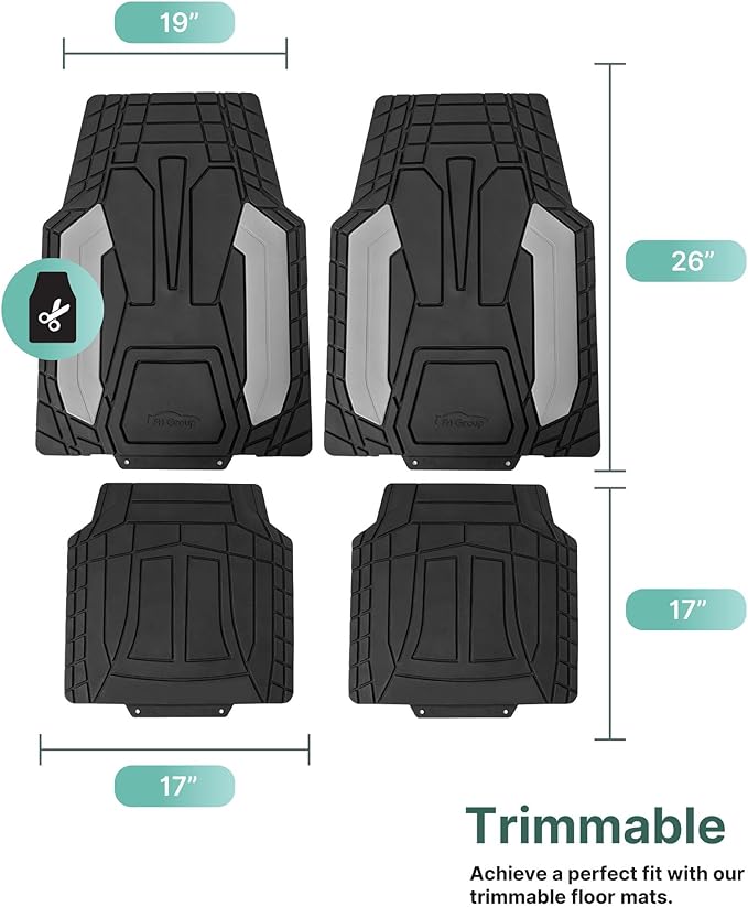 FH Group Automotive Heavy-Duty Rubber Floor Mats, Universal Fit Full Set, Climaproof, Trimmable for Most Sedan, SUV, Truck Floor Mats - Gray